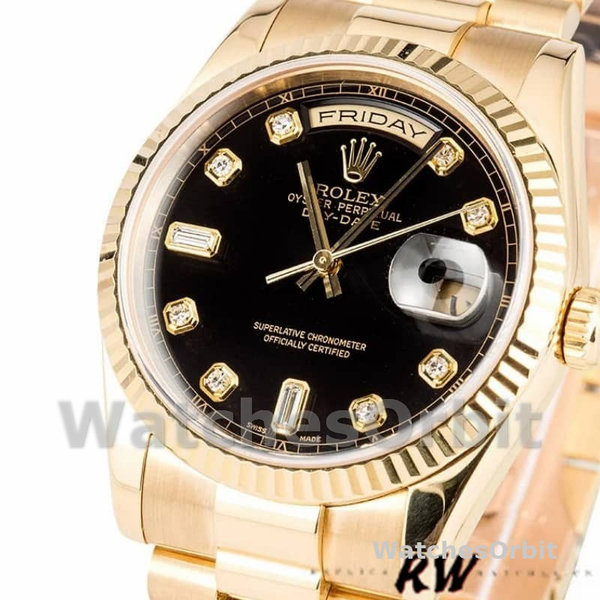 Replica Rolex Day-Date 36 mm Uomo-118238-Oro giallo-Calendario nero con diamanti Nero