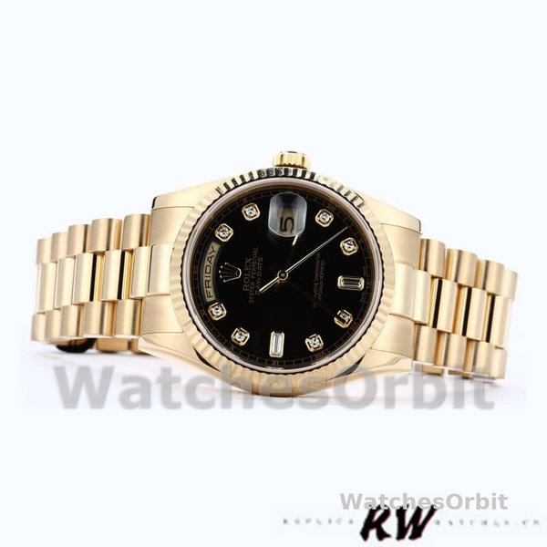 Replica Rolex Day-Date 36 mm Uomo-118238-Oro giallo-Calendario nero con diamanti Nero
