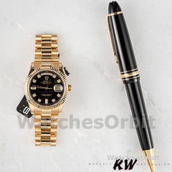 Replica Rolex Day-Date 36 mm Uomo-118238-Oro giallo-Calendario nero con diamanti Nero