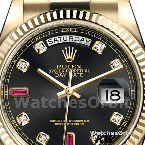 Men's Rolex Day-Date 36mm Men's-118238-Yellow Gold-Black Diamond Dial-Fluted Bezel Black