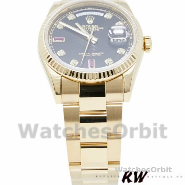Replica Rolex Day-Date 36mm Heren-118238 Geelgoud-Zwarte Diamant Wijzerplaat-Geflutste Ring Zwart