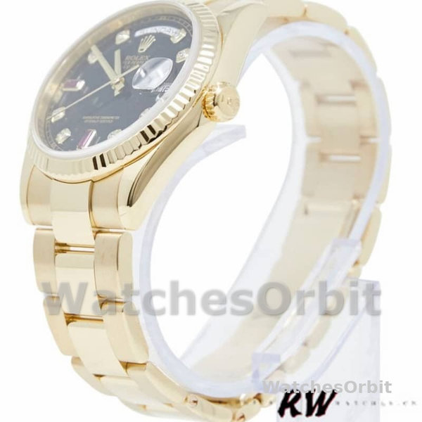 Replica Rolex Day-Date 36mm Heren-118238 Geelgoud-Zwarte Diamant Wijzerplaat-Geflutste Ring Zwart