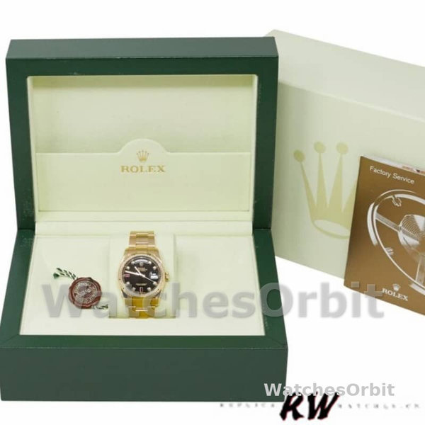 Replica Rolex Day-Date 36mm Heren-118238 Geelgoud-Zwarte Diamant Wijzerplaat-Geflutste Ring Zwart