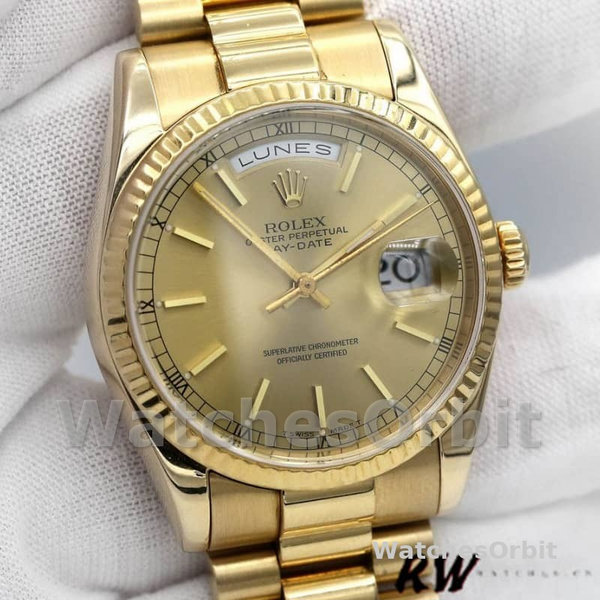 Replica Rolex Day-Date 36mm Unisex-118238 Geelgoud-Splinterglas-Kampagnekleurige Wijzerplaat Luxe