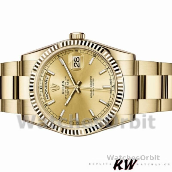 Replica Rolex Day-Date 36mm Unisex-118238 Geelgoud-Splinterglas-Kampagnekleurige Wijzerplaat Luxe