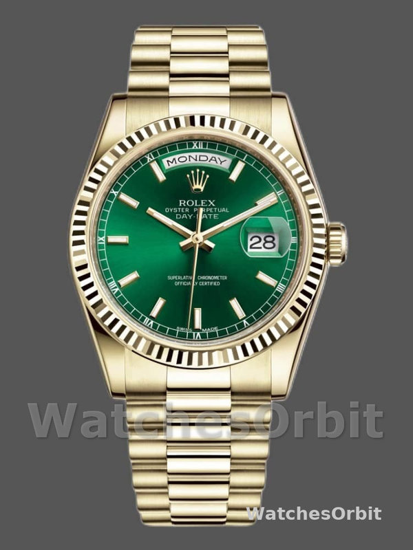 Rolex Day-Date 118238 Yellow Gold Fluted Bezel Grünes Zifferblatt 36mm Unisex Replica Watch