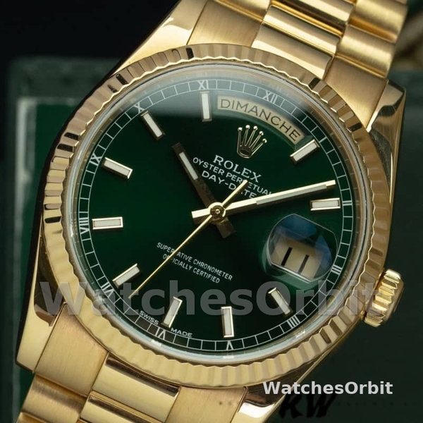 Replica Rolex Day-Date 36mm Unisex-118238-Oro giallo-Ghiera scanalata-Comparatore verde Verde unisex
