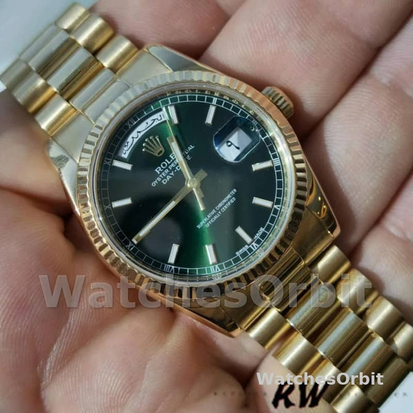 Replica Rolex Day-Date 36mm Unisex-118238-Oro giallo-Ghiera scanalata-Comparatore verde Verde unisex
