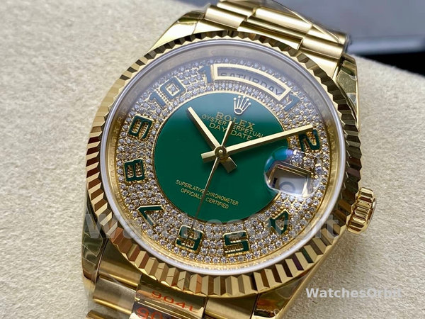 Rolex Day-Date 118238 Yellow Gold Green Diamond Pave Dial 36mm Unisex Replica Watch