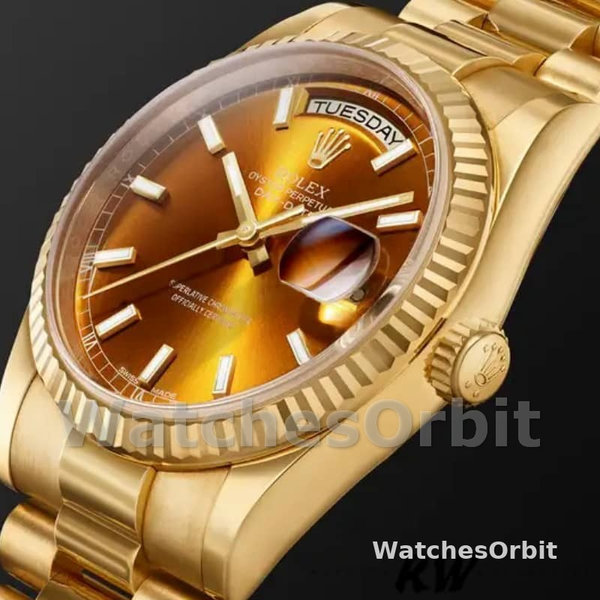 Replique Rolex Day-Date 36mm Unisex-118238-Or jaune-Index Cadran Cognac <span style=
