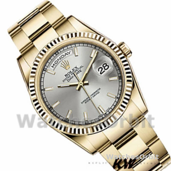Replique Rolex Day-Date 36mm Unisex-118238-Or jaune Cadran argenté Lunette cannelée Argenté