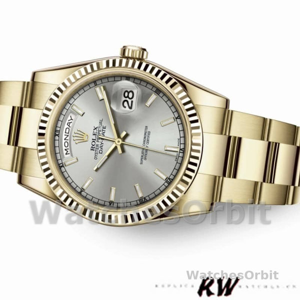 Replique Rolex Day-Date 36mm Unisex-118238-Or jaune Cadran argenté Lunette cannelée Argenté