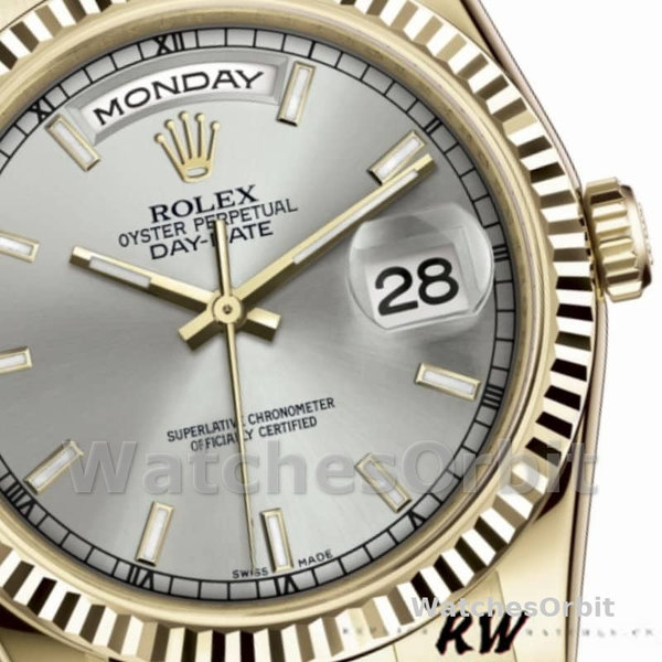 Replique Rolex Day-Date 36mm Unisex-118238-Or jaune Cadran argenté Lunette cannelée Argenté