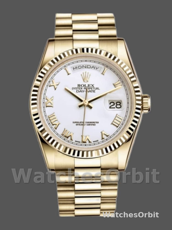 Rolex Day-Date 118238 Yellow Gold White dial Fluted Bezel 36mm Unisex Replica Watch