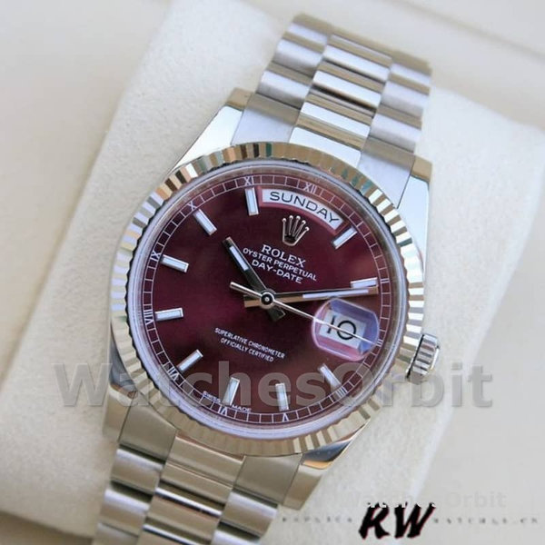 Replica Rolex Day-Date 36mm voor dames-118239-Kersrode wijzerplaat-Geflutste ring Kers