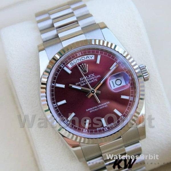 Replica Rolex Day-Date 36mm voor dames-118239-Kersrode wijzerplaat-Geflutste ring Kers