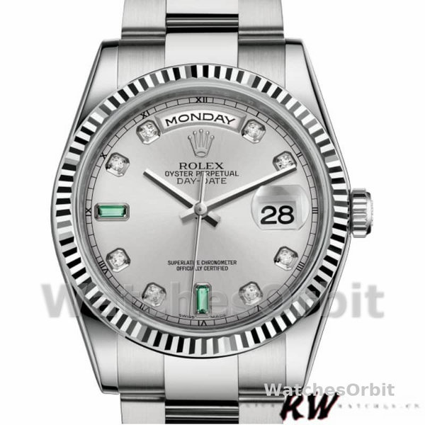 Replica Rolex Day-Date 36mm unisex-118239-Rhodium Grijze wijzerplaat-Wit goud Rhodium<br />