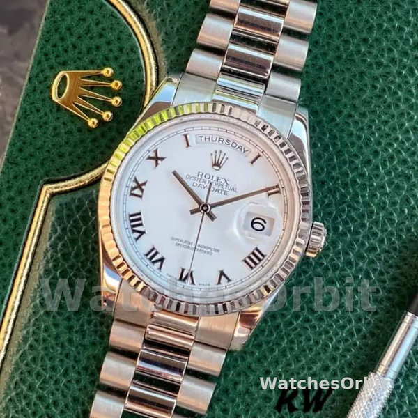 Replica Rolex Day-Date 36mm unisex-118239-Roomcijfer-Witte Wijzerplaat Wit
