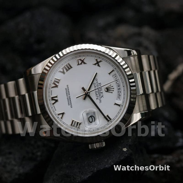 Replica Rolex Day-Date 36mm unisex-118239-Roomcijfer-Witte Wijzerplaat Wit
