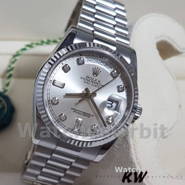 Rolex Day-Date 118239 Silver Diamond Dial 36mm Unisex Replica Watch