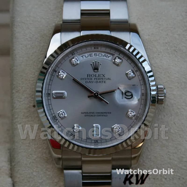 Unisex's Rolex Day-Date 36mm Unisex-118239-Silver Diamond Dial-Fluted Bezel Silver
