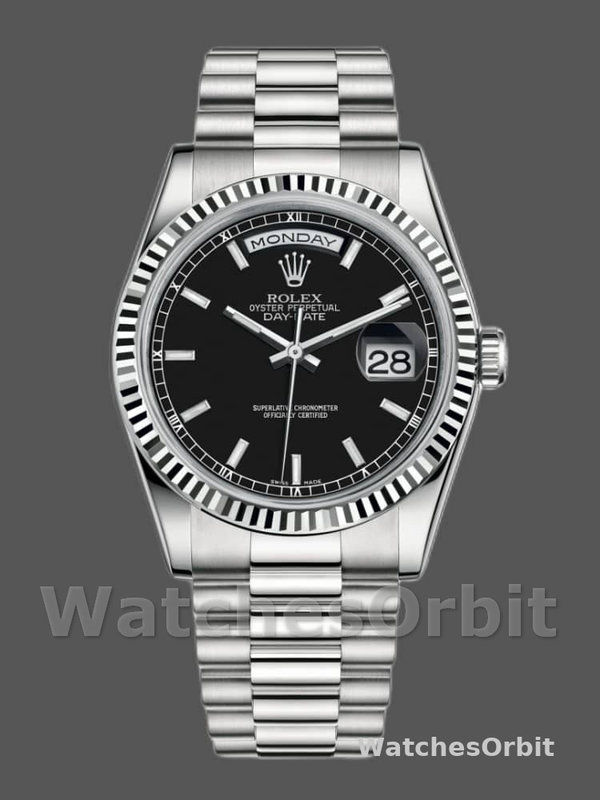 Rolex Day-Date 118239 White Gold Schwarzes Zifferblatt Fluted Bezel 36mm Unisex Replica Watch