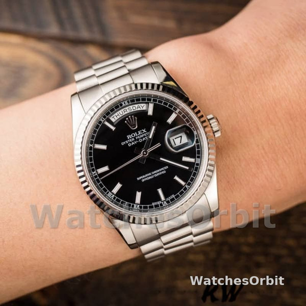 Rolex Day-Date 118239 White Gold Schwarzes Zifferblatt Fluted Bezel 36mm Unisex Replica Watch