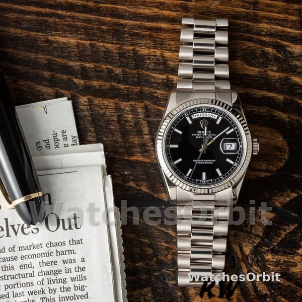 Rolex Day-Date 118239 White Gold Schwarzes Zifferblatt Fluted Bezel 36mm Unisex Replica Watch