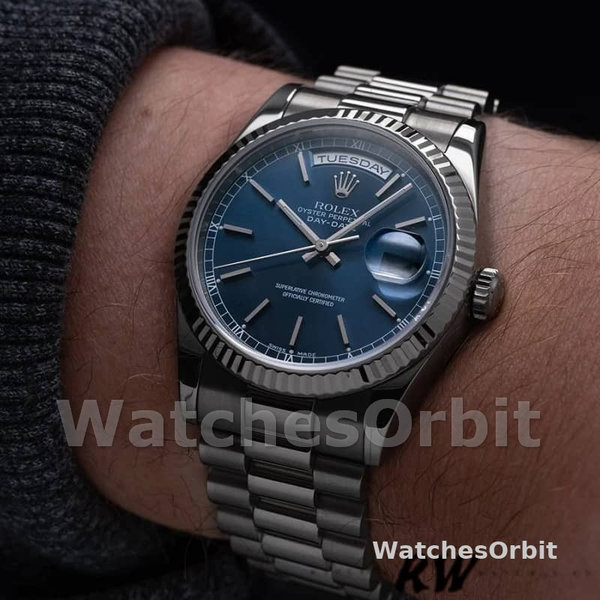 Replique Rolex Day-Date 36mm Unisex-118239-Or blanc-Cadran bleu Unisexe