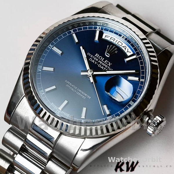 Replique Rolex Day-Date 36mm Unisex-118239-Or blanc-Cadran bleu Unisexe