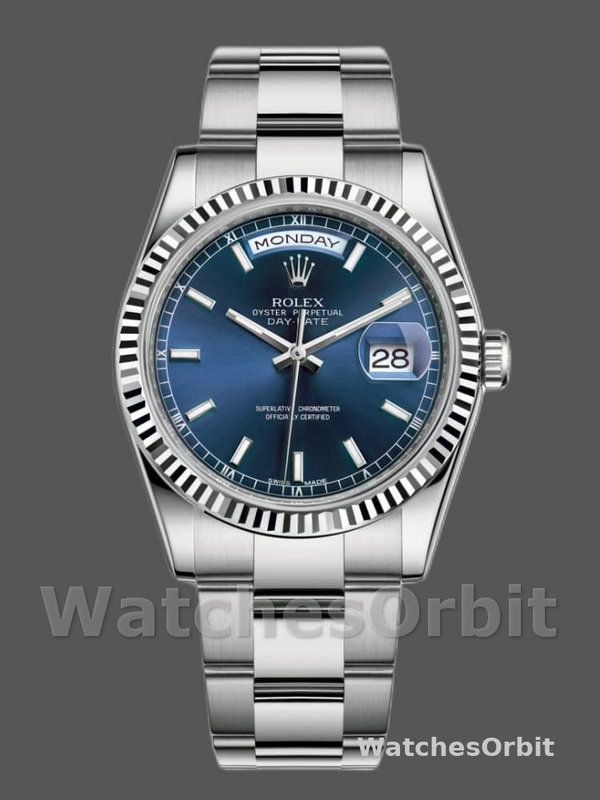 Rolex Day-Date 118239 White Gold Blaues Zifferblatt Fluted Bezel 36mm Unisex Replica Watch