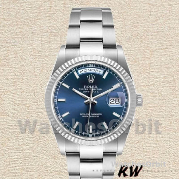 Replica Rolex Day-Date 36mm Unisex-118239-Witgoud-Blauwe Wijzerplaat-Gefleerde Ring Blauw