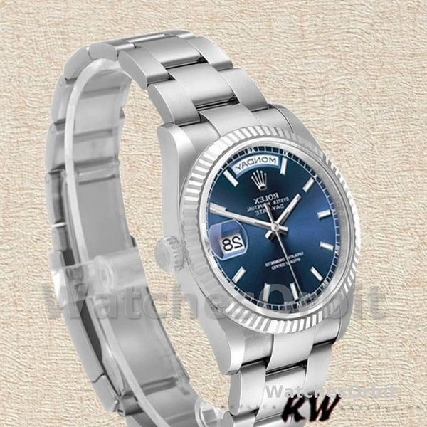 Replica Rolex Day-Date 36mm Unisex-118239-Witgoud-Blauwe Wijzerplaat-Gefleerde Ring Blauw