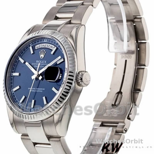 Replica Rolex Day-Date 36mm Unisex-118239-Witgoud-Blauwe Wijzerplaat-Gefleerde Ring Blauw