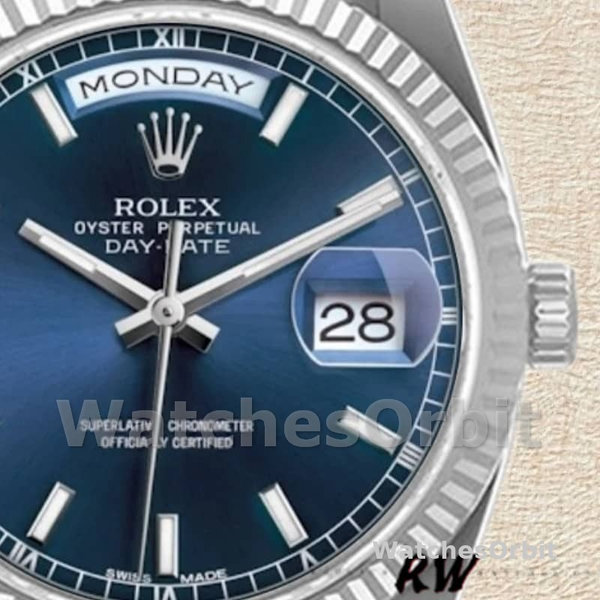 Replica Rolex Day-Date 36mm Unisex-118239-Witgoud-Blauwe Wijzerplaat-Gefleerde Ring Blauw