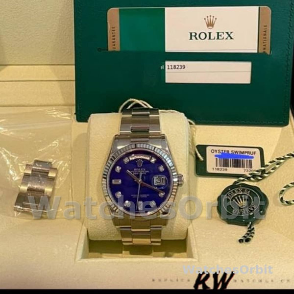Replica Rolex Unisex's Day-Date 36mm Unisex-118239-Witgoud-Diamond-Lapis Lazuli Blauwe Wijzerplaat
