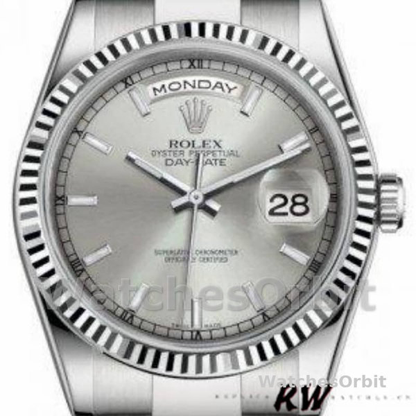 Replica Rolex Day-Date 36mm Unisex-118239-Wit goud-Zilveren wijzerplaat Zilver