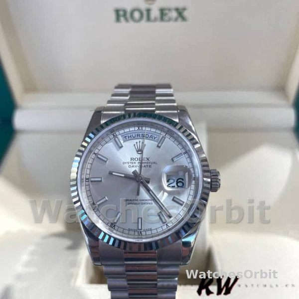 Unisex's Rolex Day-Date 36mm Unisex-118239-White Gold-Silver Dial-Fluted Bezel Silver