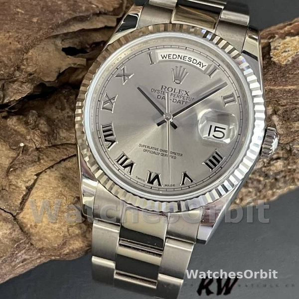 Unisex's Rolex Day-Date 36mm Unisex-118239-White Gold-Silver Roman Numeral Dial Silver