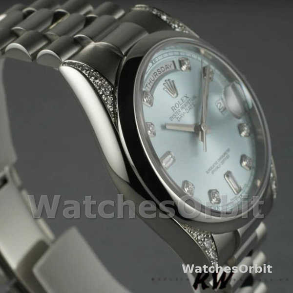 Replica Rolex Day-Date 36mm unisex-118296-platina-ijsblauwe wijzerplaat-diamant ijsblauw