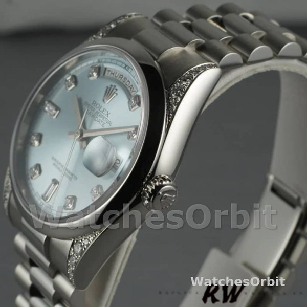 Replica Rolex Day-Date 36mm unisex-118296-platina-ijsblauwe wijzerplaat-diamant ijsblauw