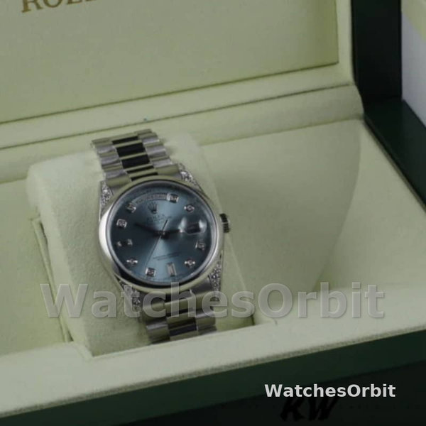 Replica Rolex Day-Date 36mm unisex-118296-platina-ijsblauwe wijzerplaat-diamant ijsblauw