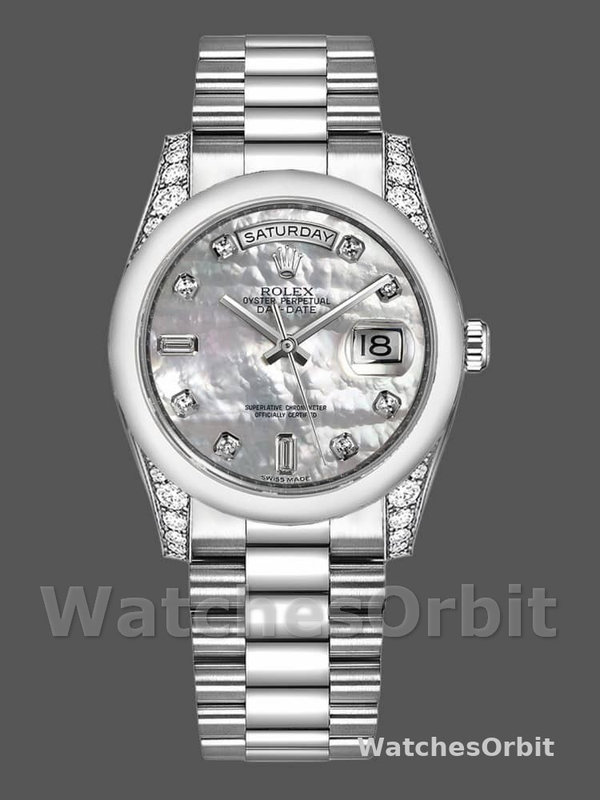 Rolex Day-Date 118296 Platinum MOP White Dial Diamond 36mm Unisex Replica Watch