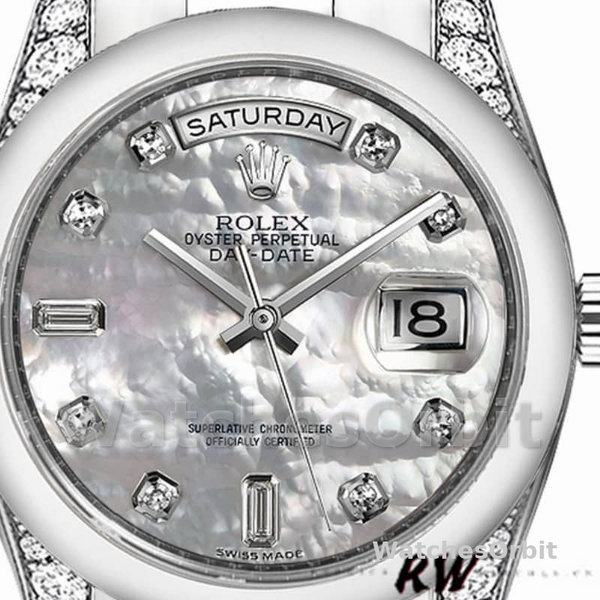 Replica Rolex Day-Date 36mm voor heren-118296-Platina-MOP Witte wijzerplaat-Diamant MOP