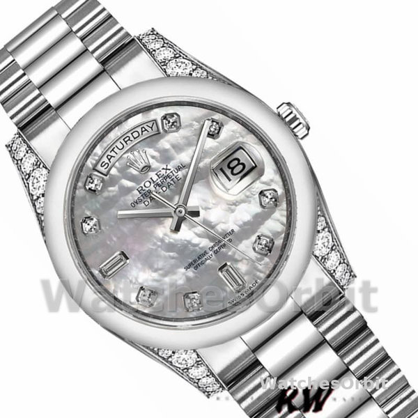 Replica Rolex Day-Date 36mm voor heren-118296-Platina-MOP Witte wijzerplaat-Diamant MOP