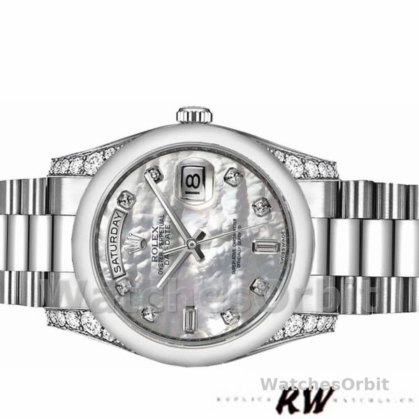 Replica Rolex Day-Date 36mm voor heren-118296-Platina-MOP Witte wijzerplaat-Diamant MOP
