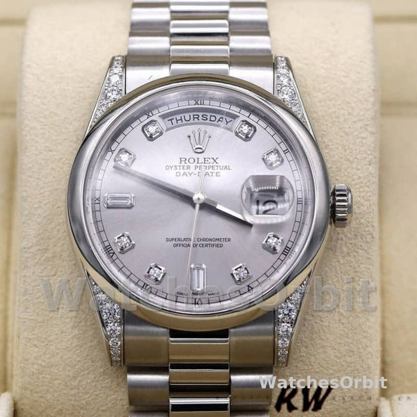 Replica Rolex Day-Date 36mm Unisex-118296-Platina-Zilveren Wijzerplaat-Diamant Zilver