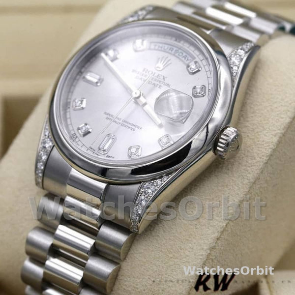 Replica Rolex Day-Date 36mm Unisex-118296-Platina-Zilveren Wijzerplaat-Diamant Zilver