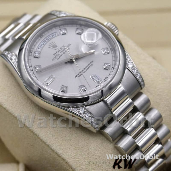 Replica Rolex Day-Date 36mm Unisex-118296-Platina-Zilveren Wijzerplaat-Diamant Zilver