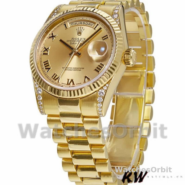 Replique Rolex Day-Date 36mm Unisex-118338-Champagne Cadran-Numéros romains Champagne